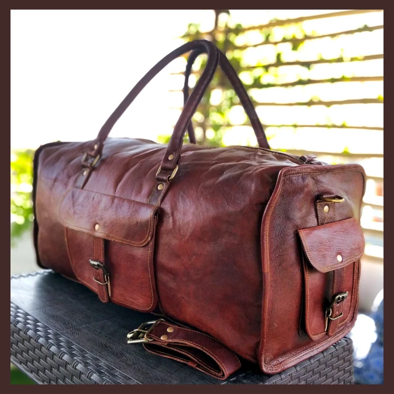 Handmade Dark Brown Leather Duffel Bag – 22-Inch Vintage Travel Weekender for Men & Women