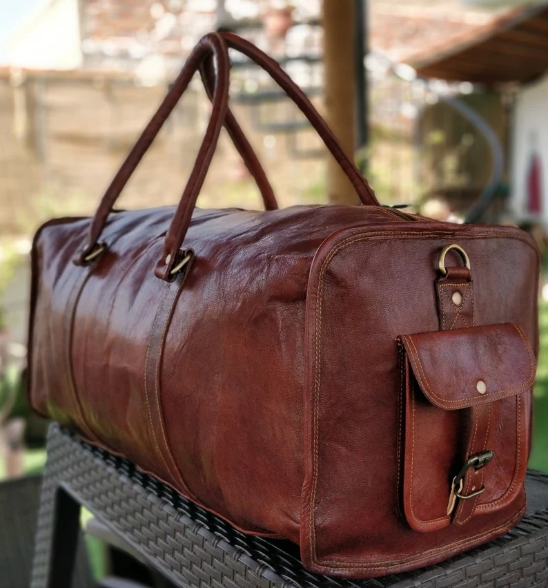 Handmade Dark Brown Leather Duffel Bag – 22-Inch Vintage Travel Weekender for Men & Women