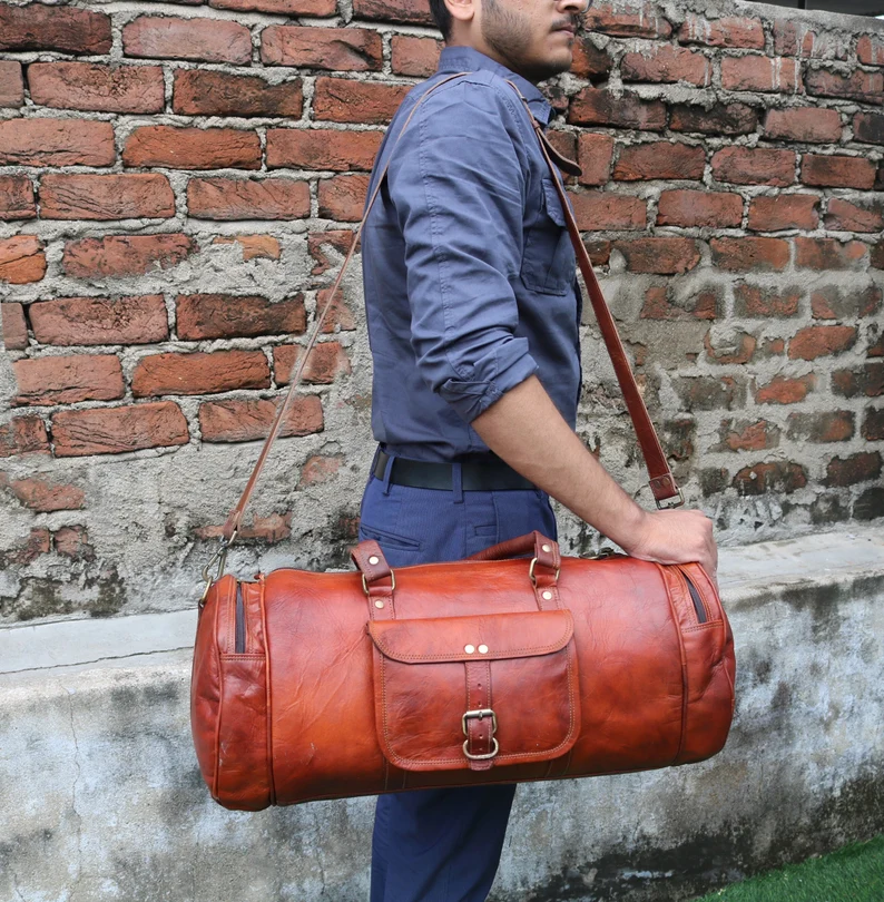 Leather Travel Duffle Bag – 20” Weekender with YKK Zippers & Pockets