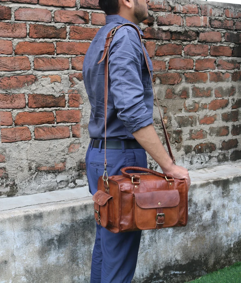 12-Inch Leather duffle Bag – Vintage Laptop, Office, Crossbody Bag for Men/Women