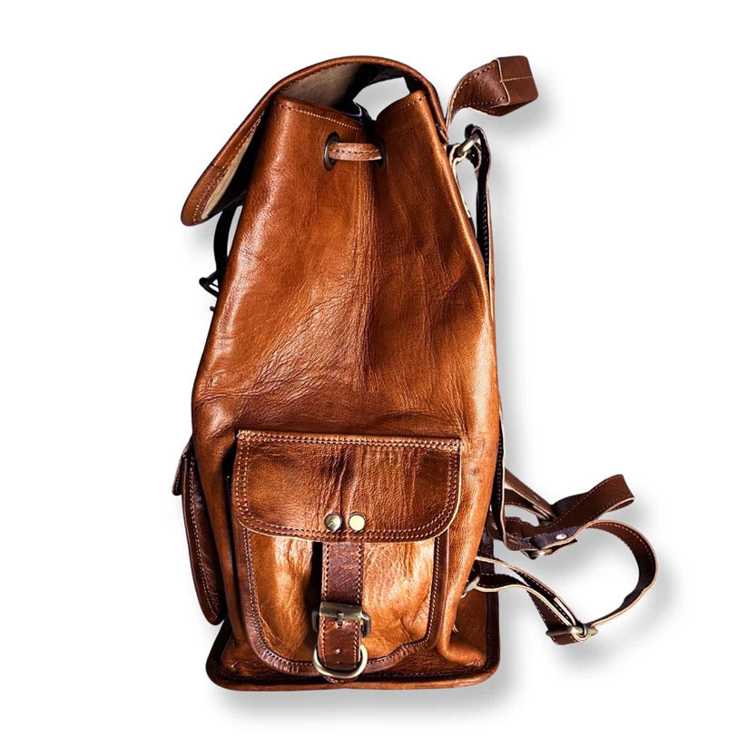 Vintage Handmade Full-Grain Leather Backpack – Rustic Travel Rucksack with Multiple Pockets