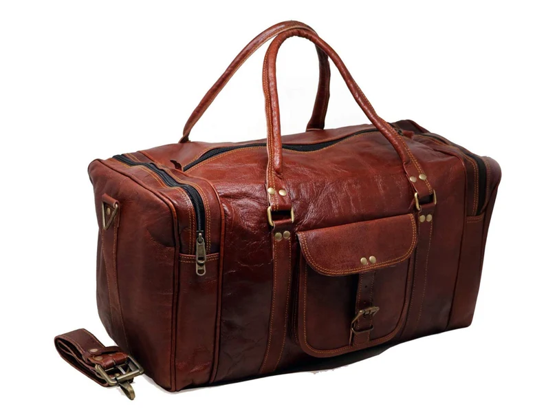 Handmade Rectangular Leather Duffel Bag – Vintage 24-Inch Travel Weekender for Men & Women