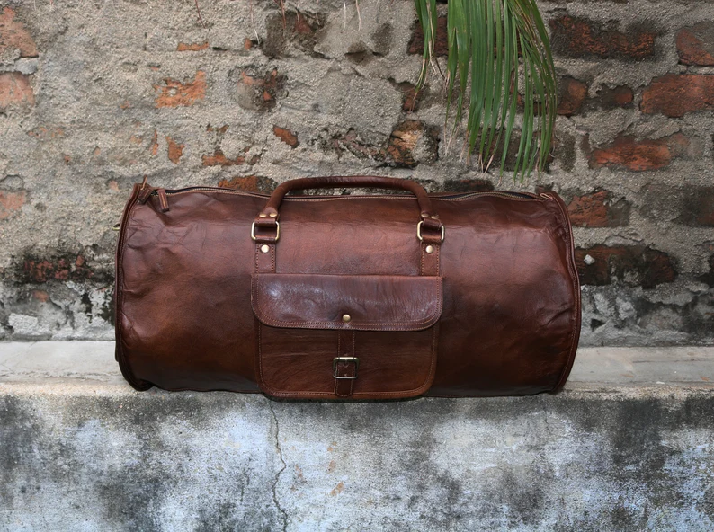 24-Inch Vintage Leather Duffel Bag – Handmade Travel Gym Weekender (Brown, 11” Diameter)