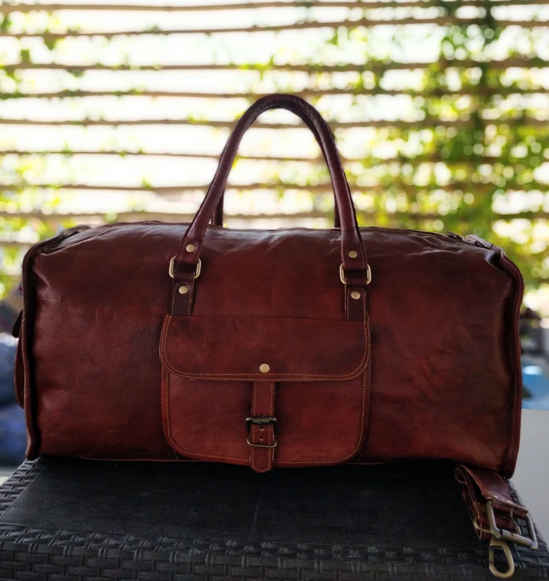 Handmade Dark Brown Leather Duffel Bag – 22-Inch Vintage Travel Weekender for Men & Women