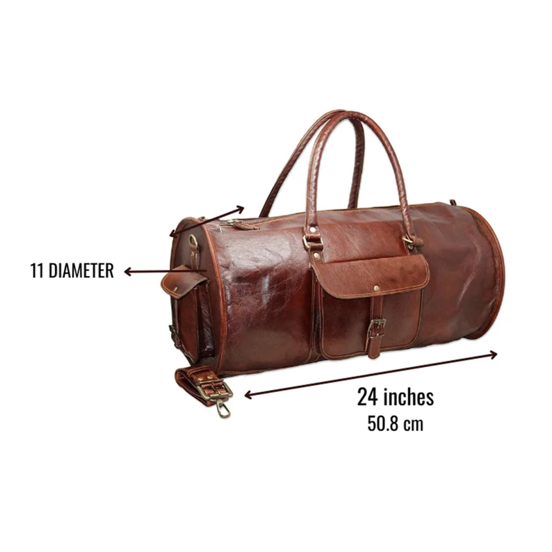 24-Inch Vintage Leather Duffel Bag – Handmade Travel Gym Weekender (Brown, 11” Diameter)
