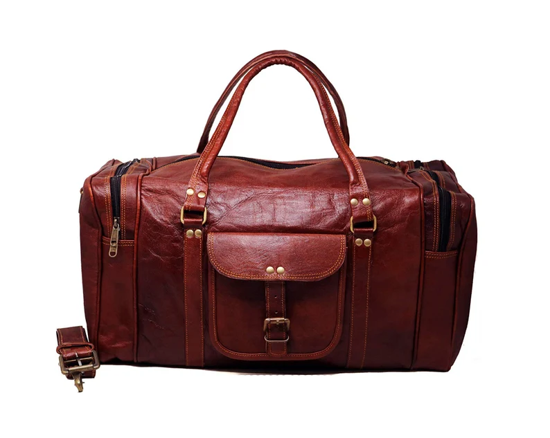 Handmade Rectangular Leather Duffel Bag – Vintage 24-Inch Travel Weekender for Men & Women