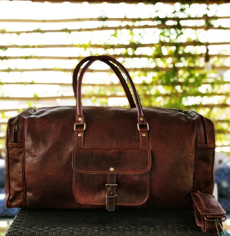Light Brown Leather Duffel Bag – Handmade 24-Inch Rectangular Weekender for Men & Women