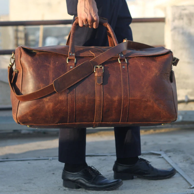 Genuine Leather Travel Duffle Bag – Premium Handmade Weekender