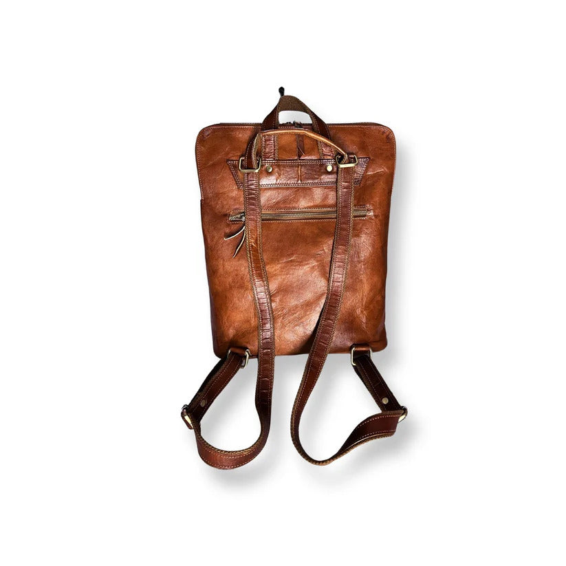 Rustic Brown Leather Backpack – Handmade Zipper Travel Bag