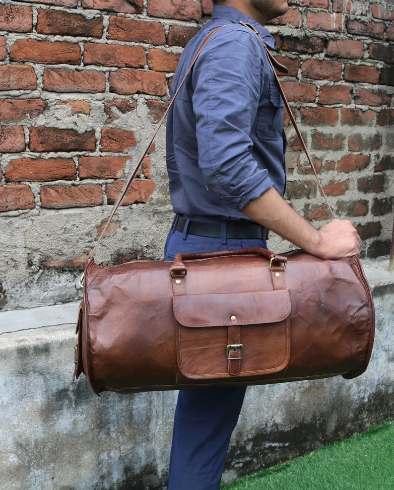 24-Inch Vintage Leather Duffel Bag – Handmade Travel Gym Weekender (Brown, 11” Diameter)
