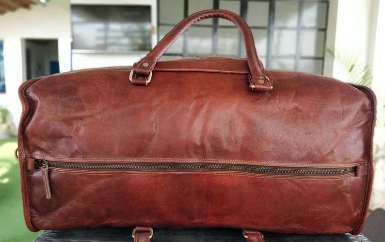 Handmade Dark Brown Leather Duffel Bag – 22-Inch Vintage Travel Weekender for Men & Women