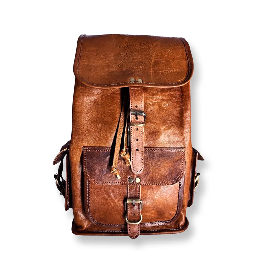 Vintage Handmade Full-Grain Leather Backpack – Rustic Travel Rucksack with Multiple Pockets