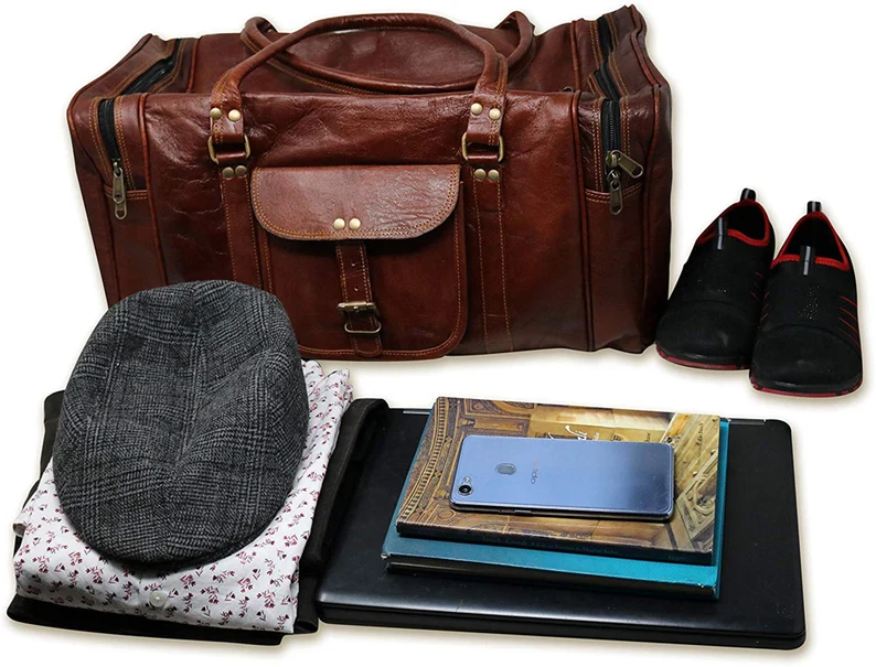 Handmade Rectangular Leather Duffel Bag – Vintage 24-Inch Travel Weekender for Men & Women