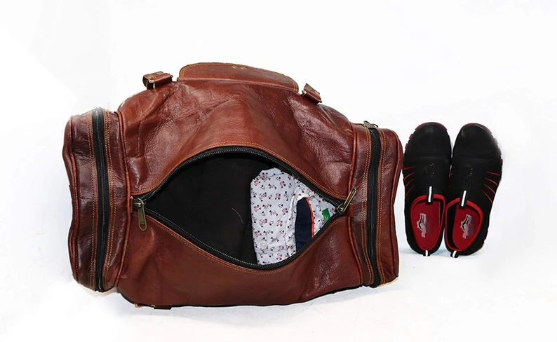 Handmade Rectangular Leather Duffel Bag – Vintage 24-Inch Travel Weekender for Men & Women