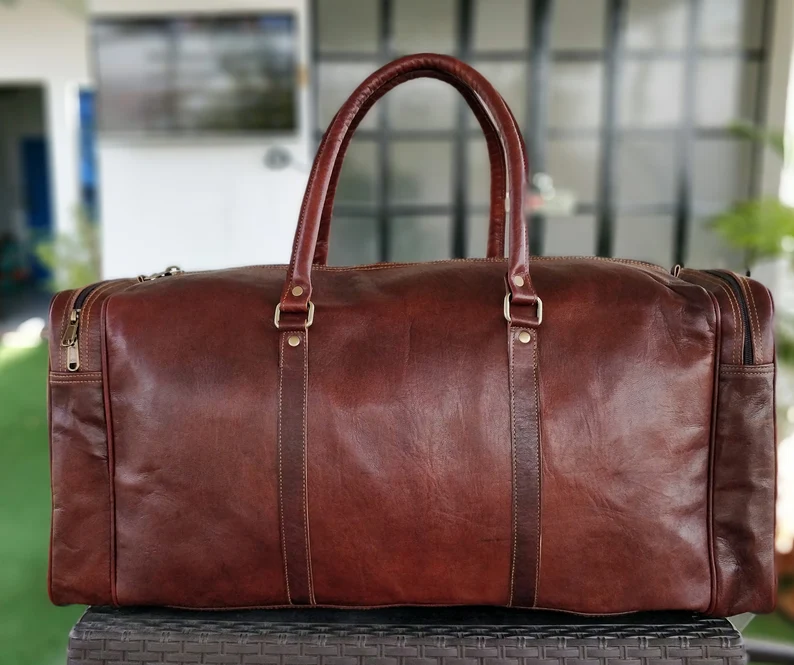 Light Brown Leather Duffel Bag – Handmade 24-Inch Rectangular Weekender for Men & Women