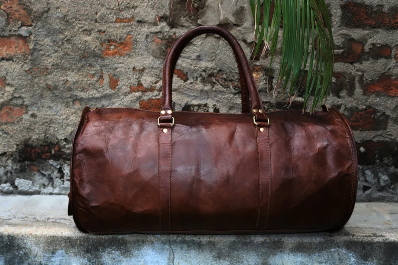 24-Inch Vintage Leather Duffel Bag – Handmade Travel Gym Weekender (Brown, 11” Diameter)