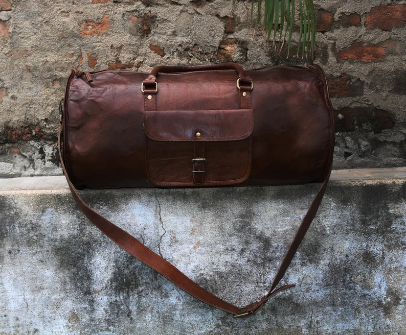24-Inch Vintage Leather Duffel Bag – Handmade Travel Gym Weekender (Brown, 11” Diameter)