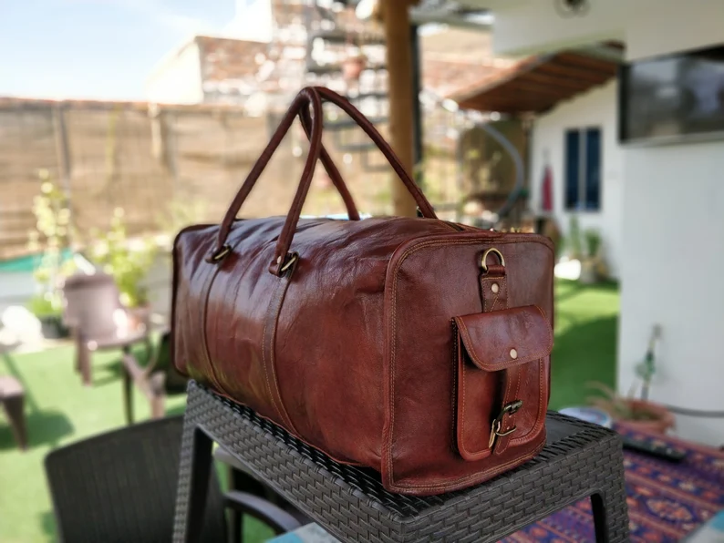 Handmade Dark Brown Leather Duffel Bag – 22-Inch Vintage Travel Weekender for Men & Women