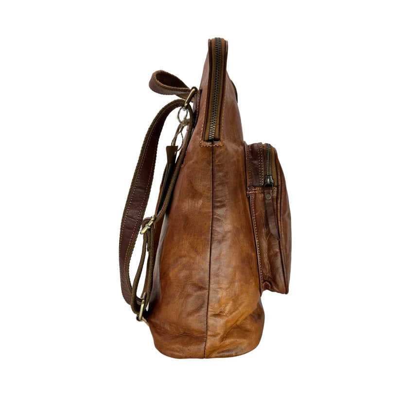 Rustic Brown Leather Backpack – Handmade Zipper Travel Bag