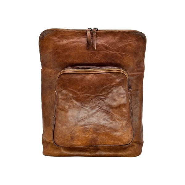 Rustic Brown Leather Backpack – Handmade Zipper Travel Bag