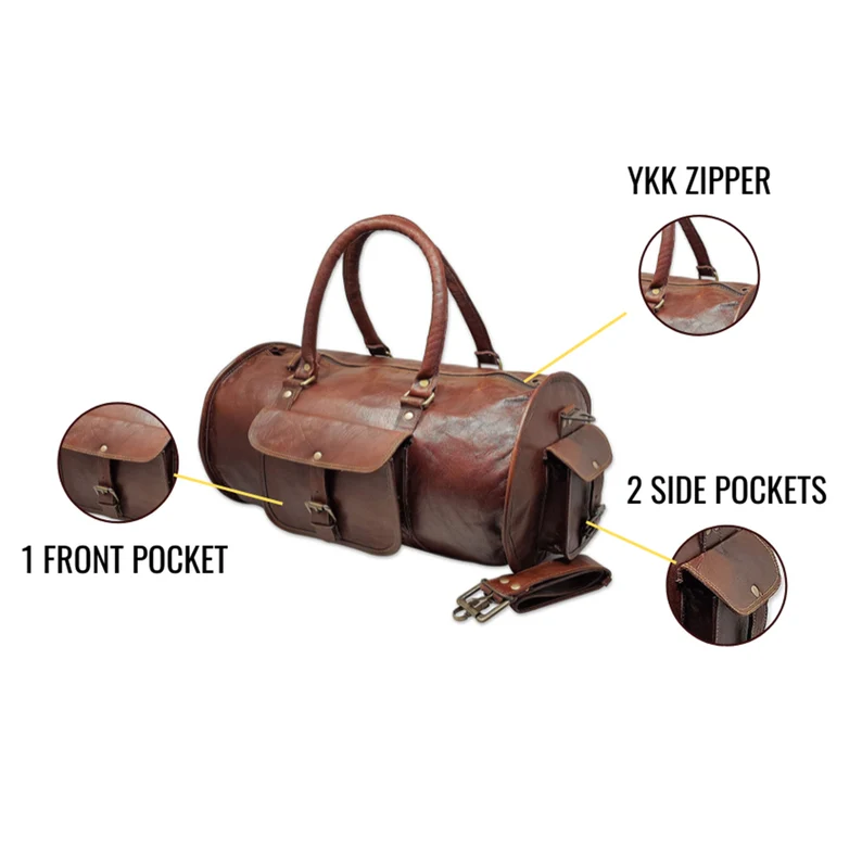 24-Inch Vintage Leather Duffel Bag – Handmade Travel Gym Weekender (Brown, 11” Diameter)