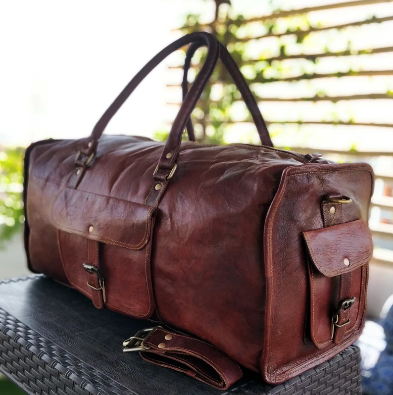 Handmade Dark Brown Leather Duffel Bag – 22-Inch Vintage Travel Weekender for Men & Women
