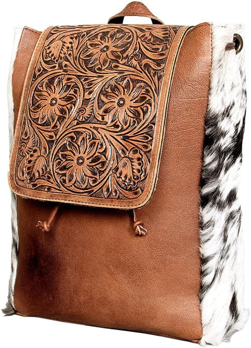 "Vintage Western Cowhide Backpack – Genuine Leather with Hand Tooling