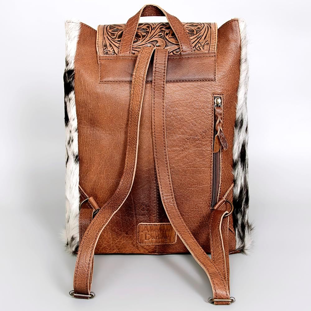 "Vintage Western Cowhide Backpack – Genuine Leather with Hand Tooling