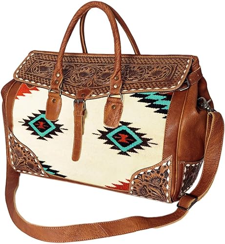 Premium Western Leather Duffle with Aztec Design