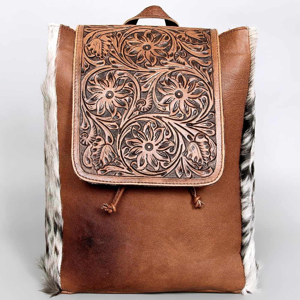 "Vintage Western Cowhide Backpack – Genuine Leather with Hand Tooling