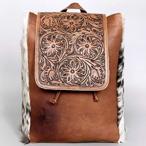 "Vintage Western Cowhide Backpack – Genuine Leather with Hand Tooling