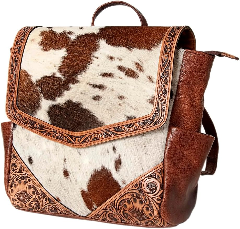 Western Cowhide Tooled Leather Backpack – Handcrafted Rustic Style