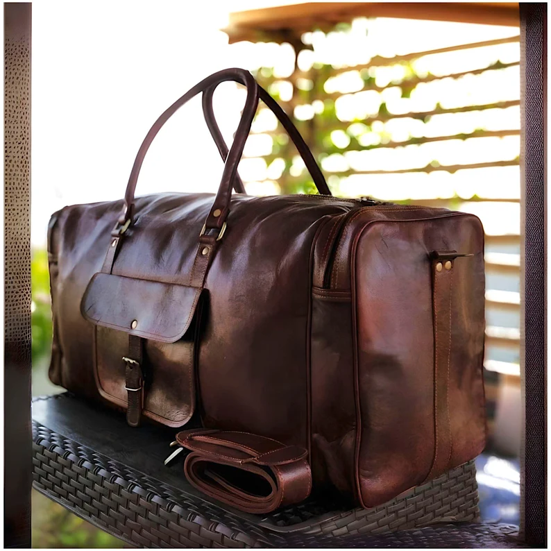 Light Brown Leather Duffel Bag – Handmade 24-Inch Rectangular Weekender for Men & Women