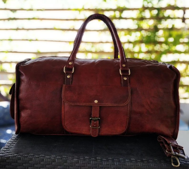 Handmade Dark Brown Leather Duffel Bag – 22-Inch Vintage Travel Weekender for Men & Women