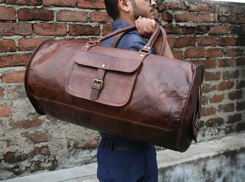 24-Inch Vintage Leather Duffel Bag – Handmade Travel Gym Weekender (Brown, 11” Diameter)