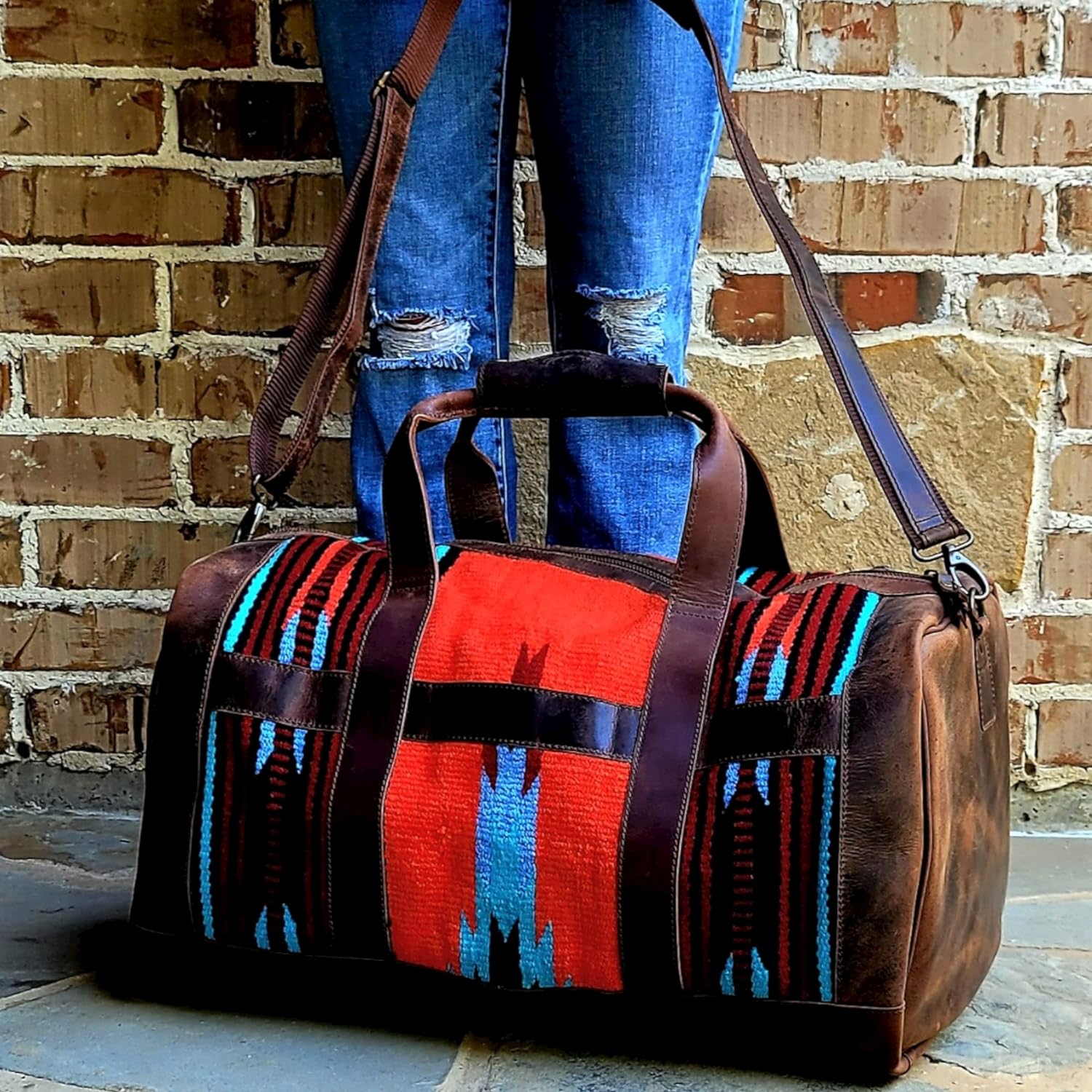 Genuine Leather Western Duffle Bag with Aztec Design