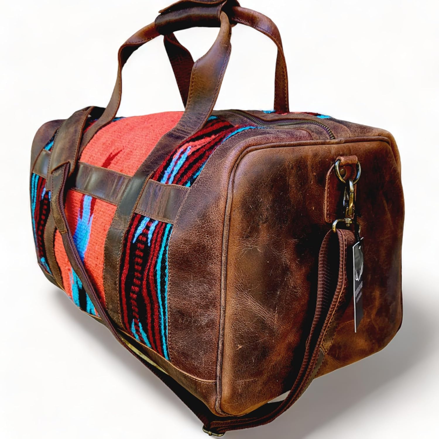 Genuine Leather Western Duffle Bag with Aztec Design
