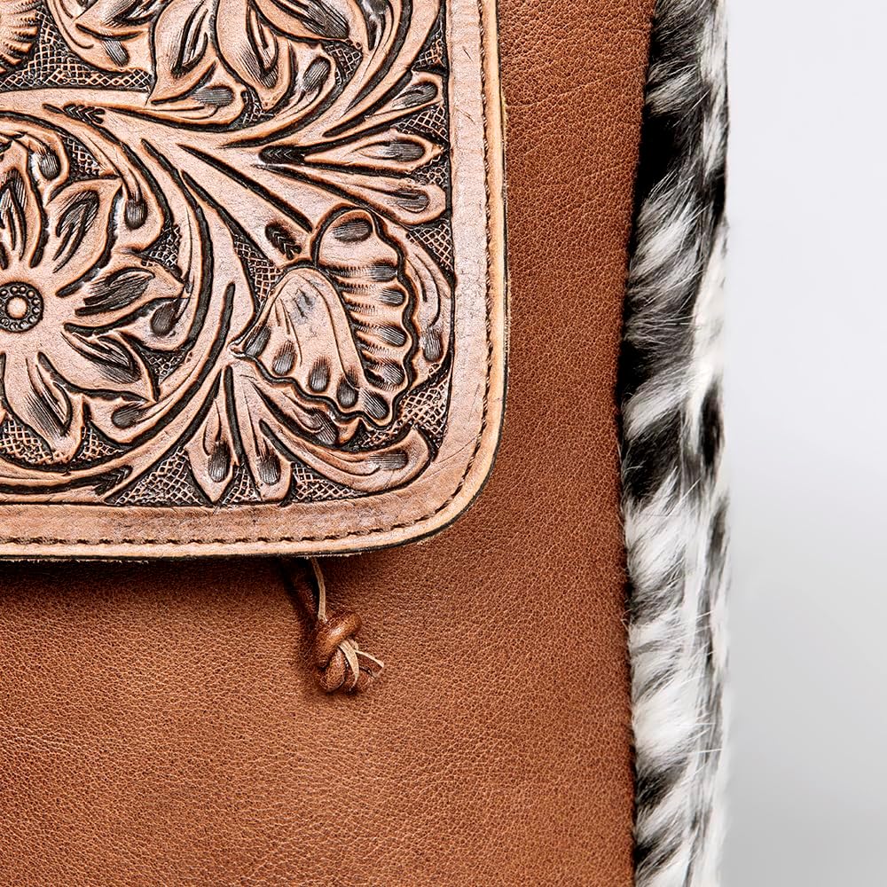 "Vintage Western Cowhide Backpack – Genuine Leather with Hand Tooling