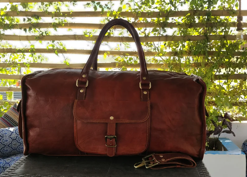 Handmade Dark Brown Leather Duffel Bag – 22-Inch Vintage Travel Weekender for Men & Women