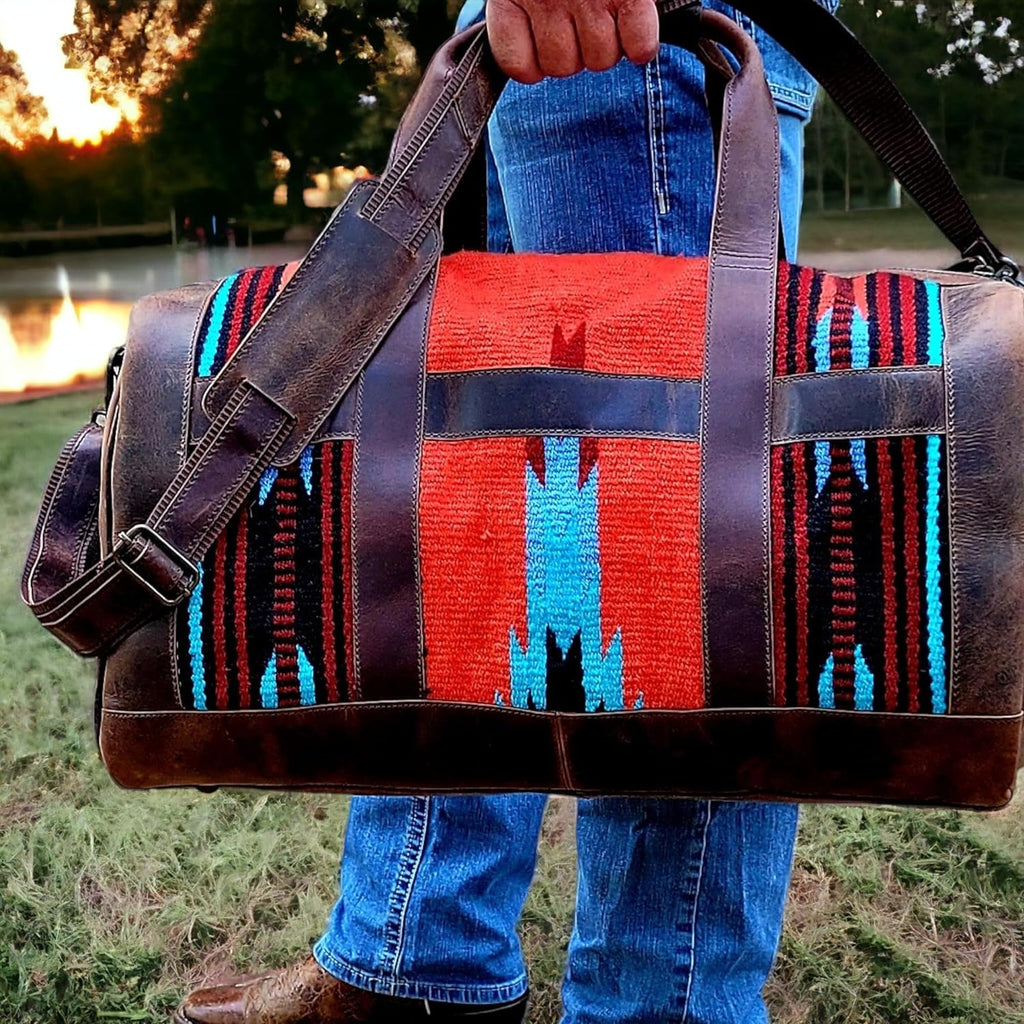 Genuine Leather Western Duffle Bag with Aztec Design