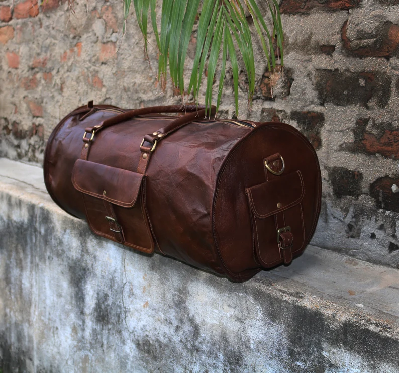 24-Inch Vintage Leather Duffel Bag – Handmade Travel Gym Weekender (Brown, 11” Diameter)