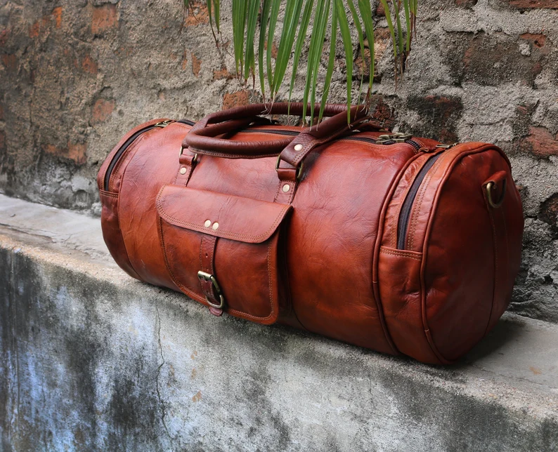 Leather Travel Duffle Bag – 20” Weekender with YKK Zippers & Pockets