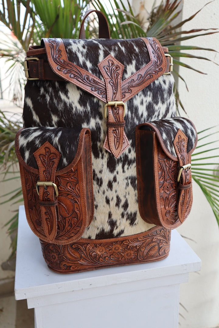 Vintage Western Tooled Leather Cowhide Backpack