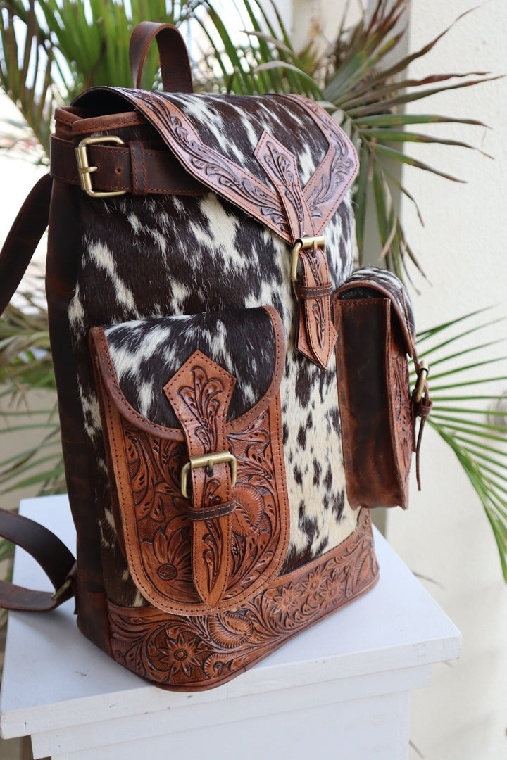 Vintage Western Tooled Leather Cowhide Backpack