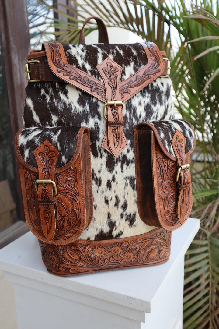 Vintage Western Tooled Leather Cowhide Backpack
