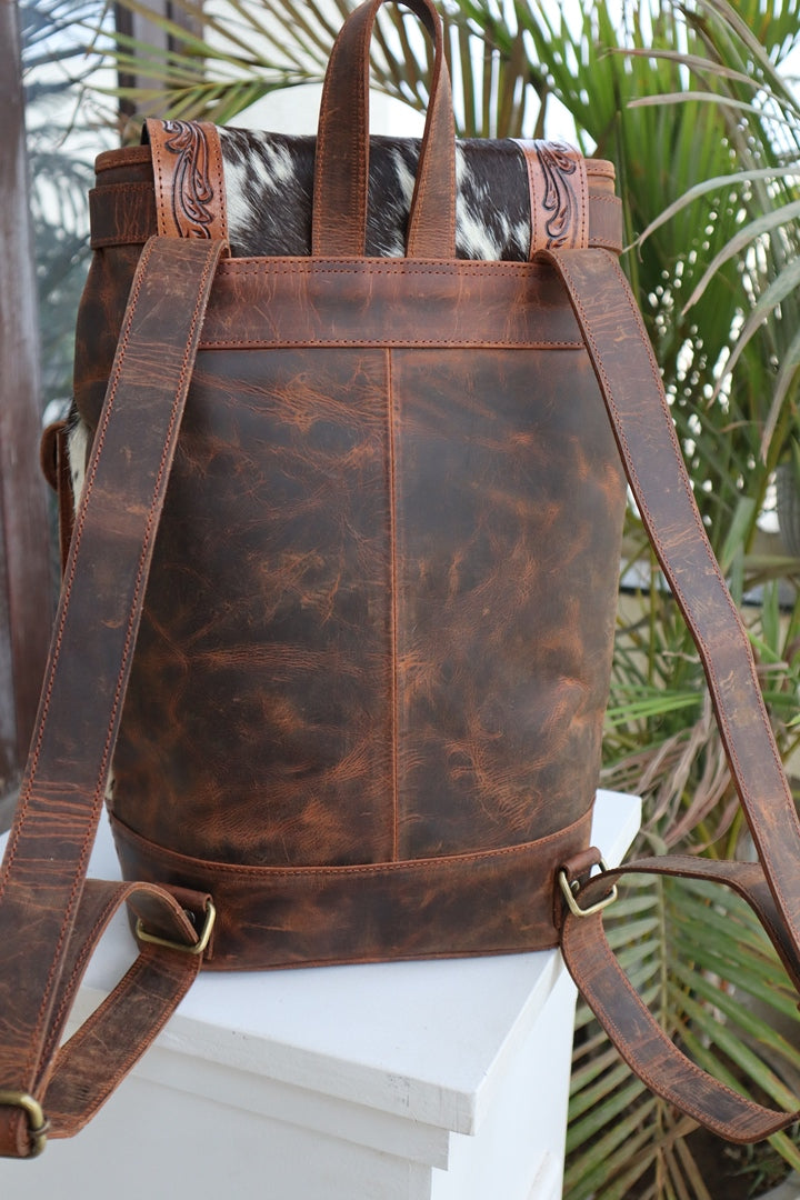 Vintage Western Tooled Leather Cowhide Backpack