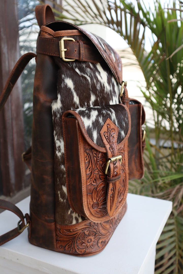 Vintage Western Tooled Leather Cowhide Backpack
