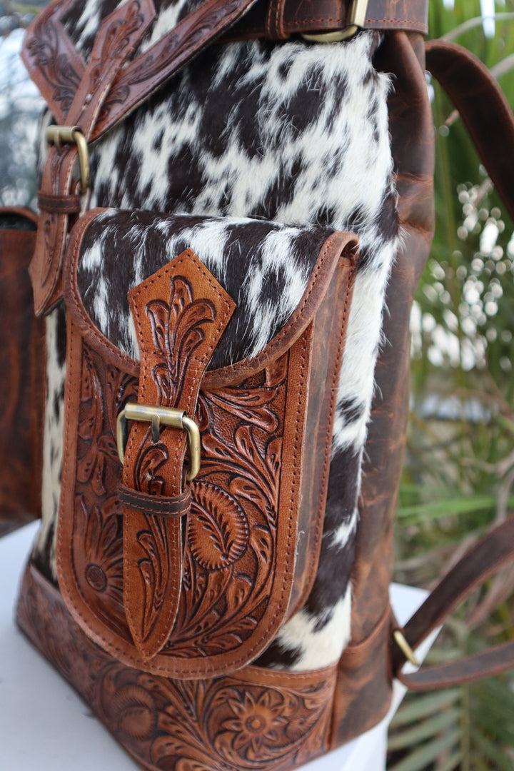 Vintage Western Tooled Leather Cowhide Backpack