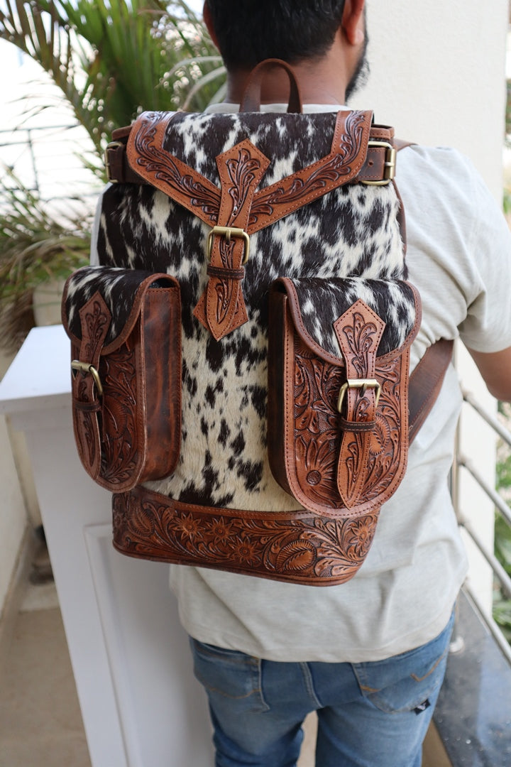 Vintage Western Tooled Leather Cowhide Backpack