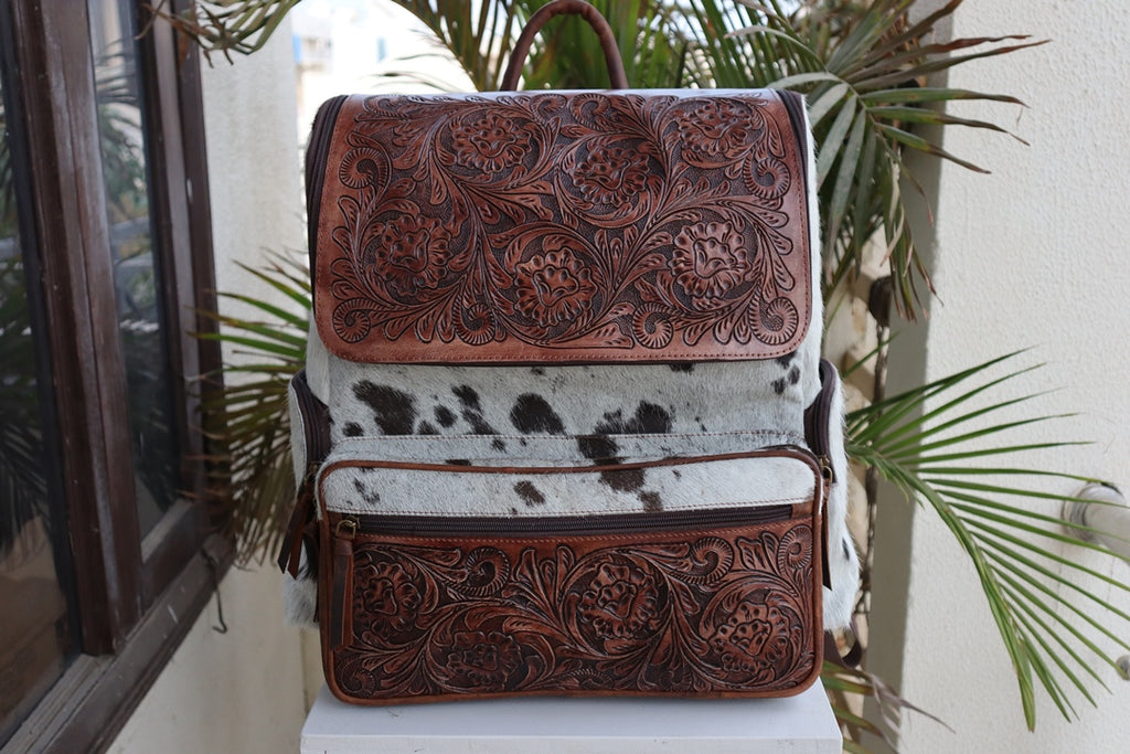 Handcrafted Western Tooled Leather Hair-On Backpack